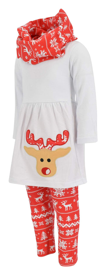 Unique Baby Girls 3 Piece Christmas Reindeer Legging Set (9, White)