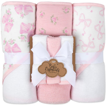 Hooded Baby Bath Towel and Washcloth 6 Piece Set for Newborns, Infants & Toddlers, Boys & Girls Baby Hooded Towels Set (Pink Bow