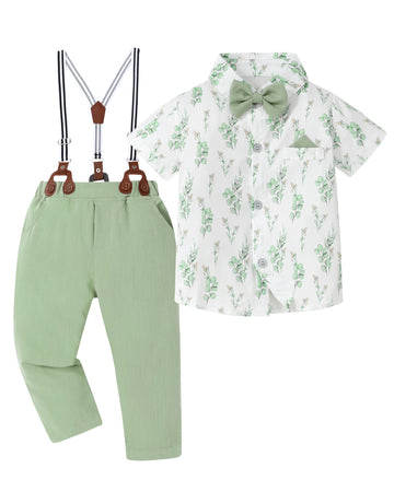 Baby Boy Dress Clothes Set Printed Shirt Aqua Green Suspender Pants Outfits Toddler Boy 12 Months 18 Months 12-18