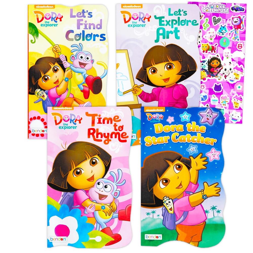 Nickelodeon Dora The Explorer Board Books for Kids Toddlers ~ Bundle of 4 Dora Board Books with 300 Bonus Dora The Explorer Stic