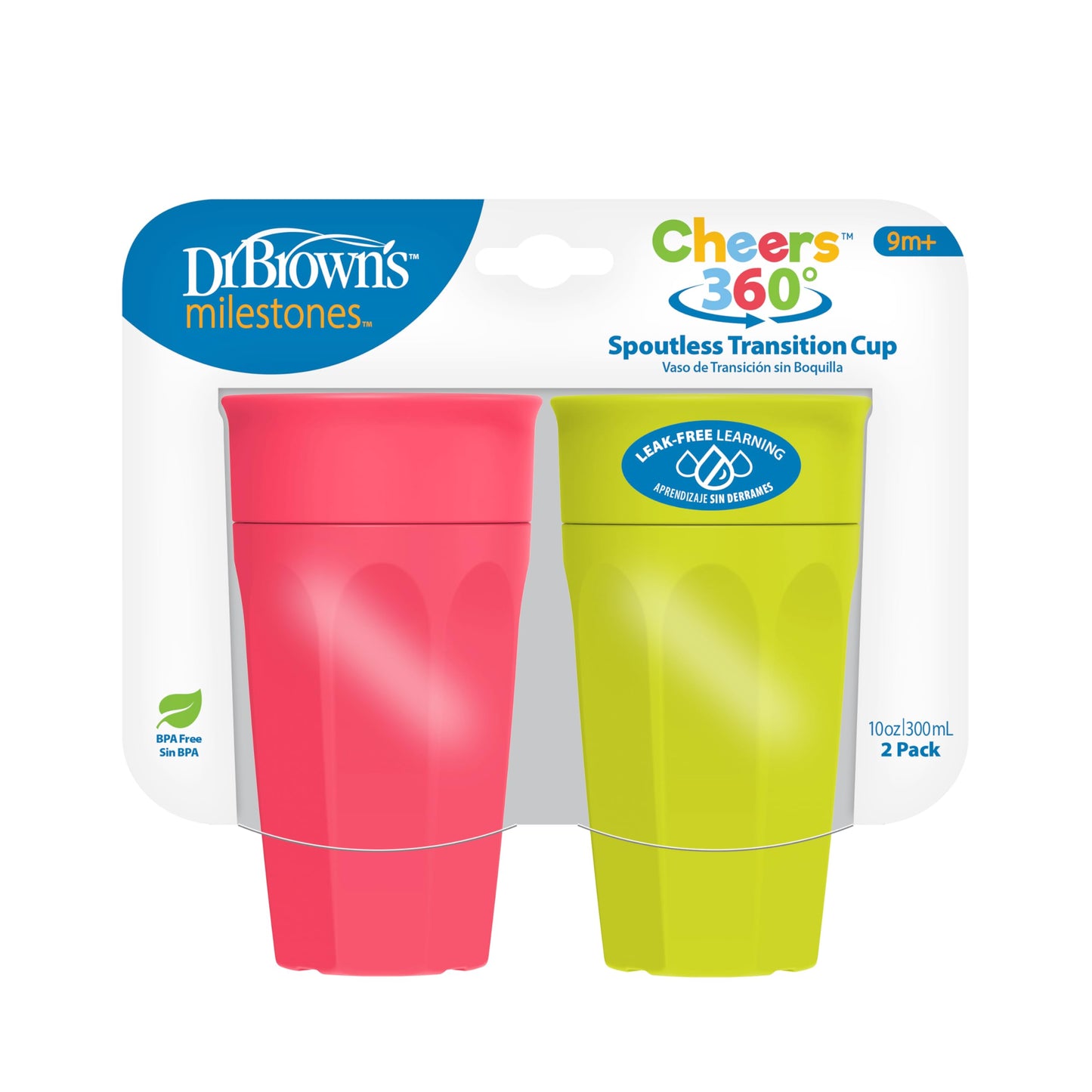 Dr. Browns Milestones Cheers 360 Training Cup for Toddlers & Babies, Leak-Free Sippy Cup, Pink & Turquiose, 10 oz/300mL, 2 Pack