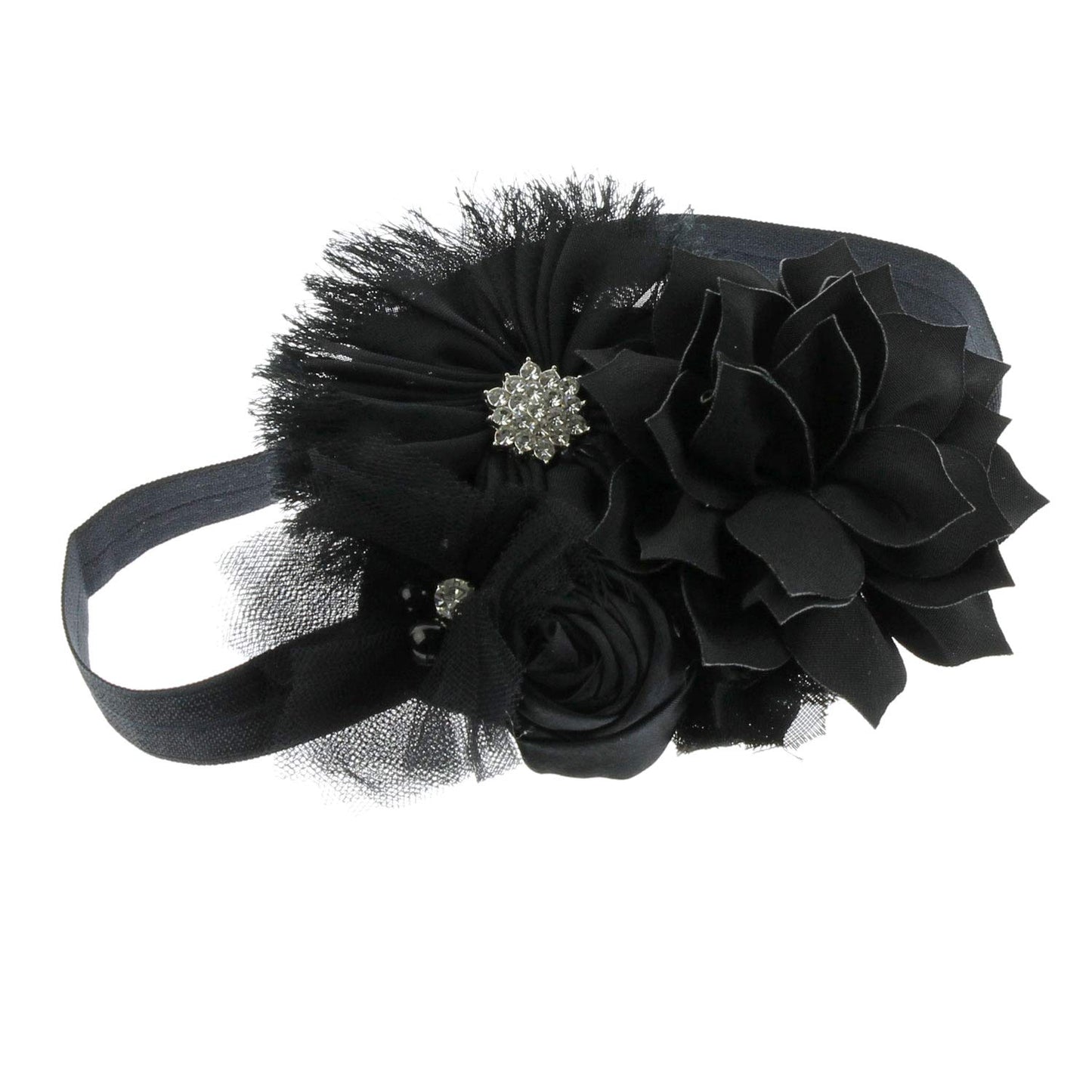 My Lello Baby Headband Shabby Fabric Flower Cluster Stretchy Elastic Black