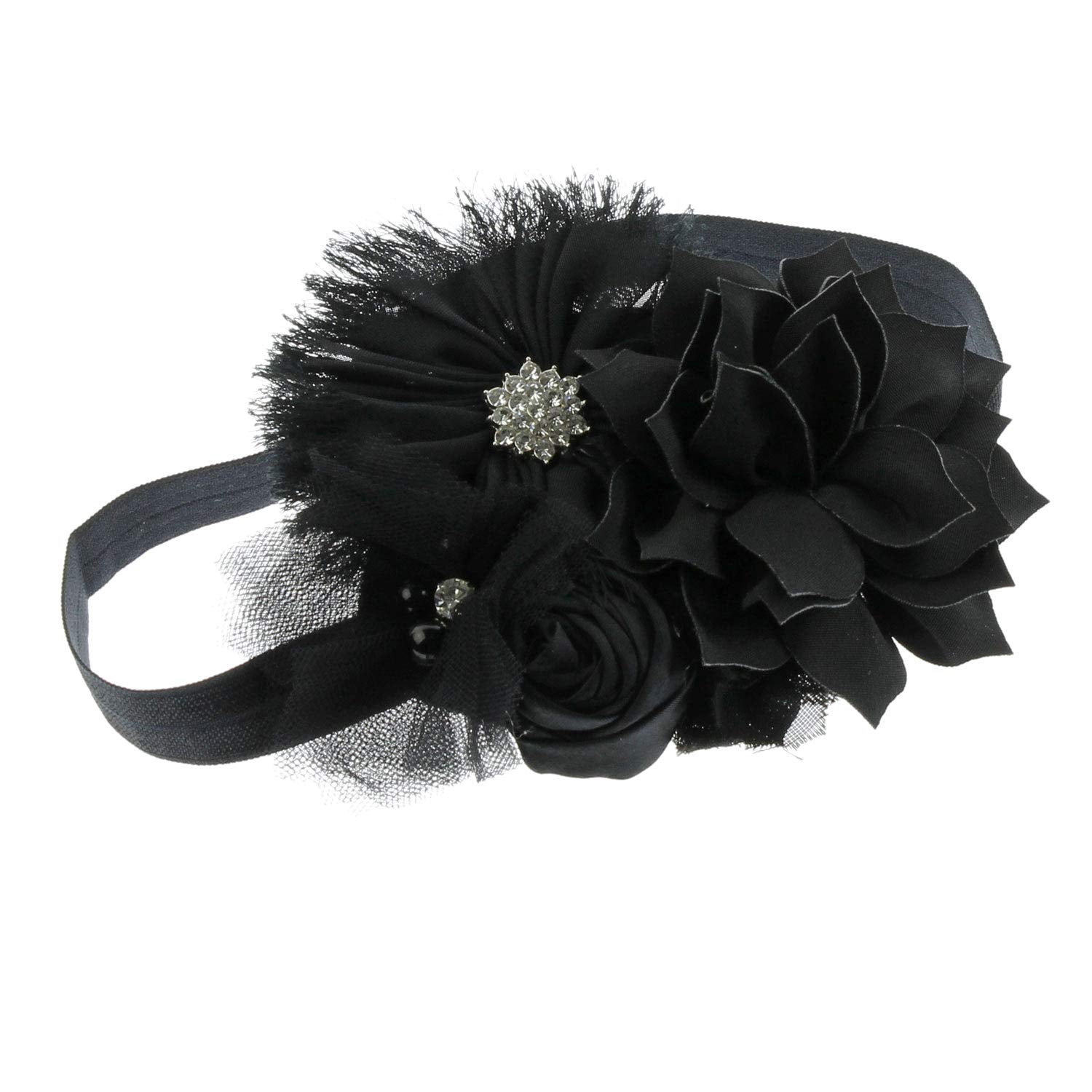 My Lello Baby Headband Shabby Fabric Flower Cluster Stretchy Elastic Black