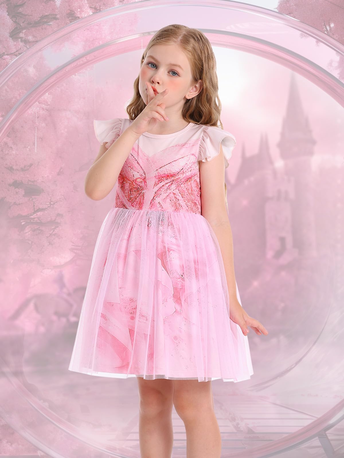 Marendyee Pink Witch Dress For Girls Halloween Costume Kids Tulle Dresses Flutter Sleeve (9-10 Years)