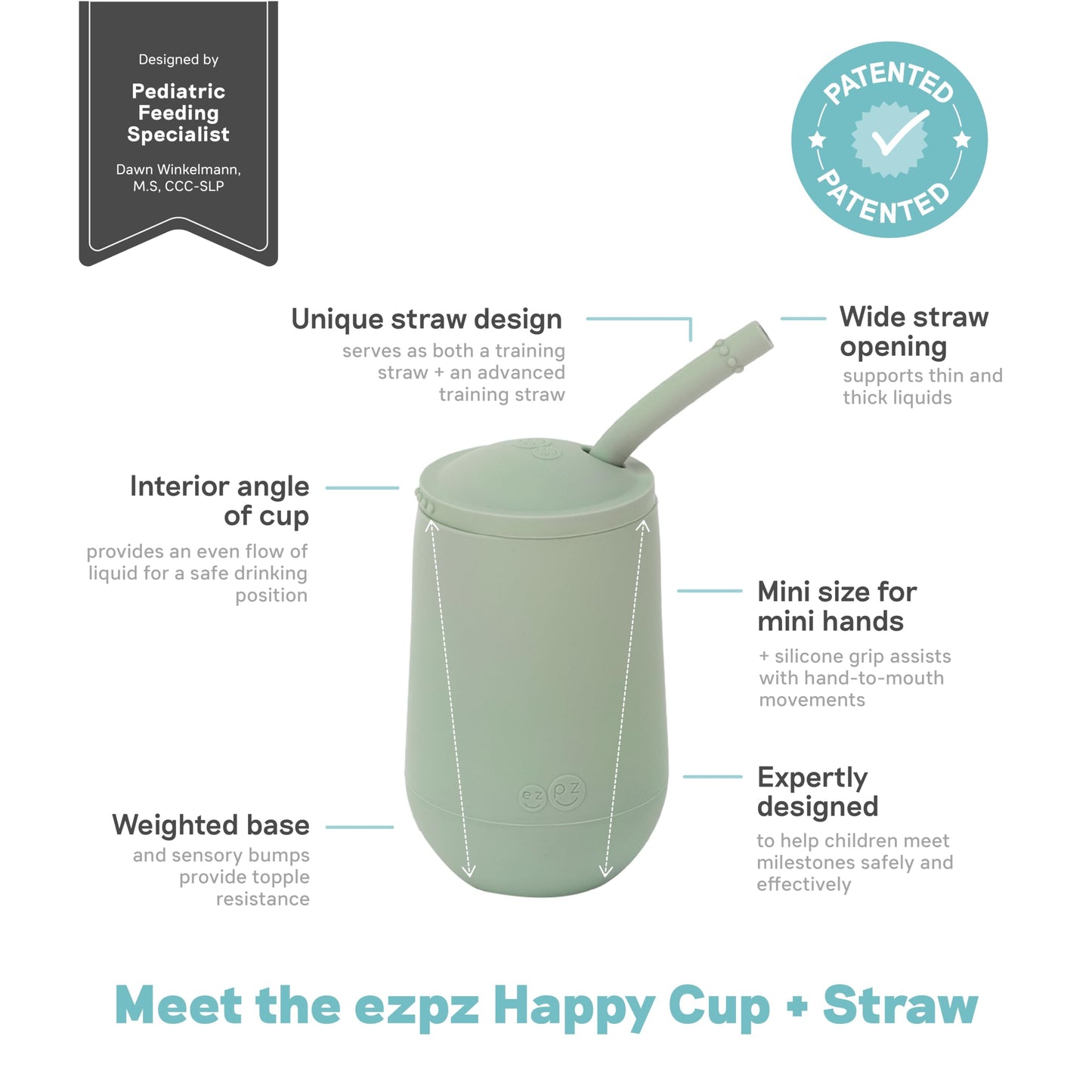 Ezpz Happy Cup + Straw System - 24 Months+ (Sage) - 100% Silicone Cup + Straw For Older Toddler + Preschoolers