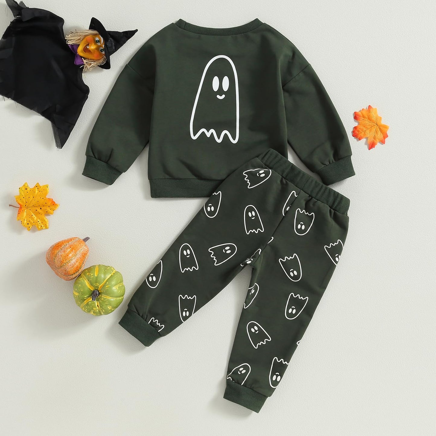 Toddler Baby Girl Boy Halloween Clothes Pumpkin Shirt Ghost Sweatshirt Pants Fall Outfit Baby Halloween Costumes (Dark Green Gho