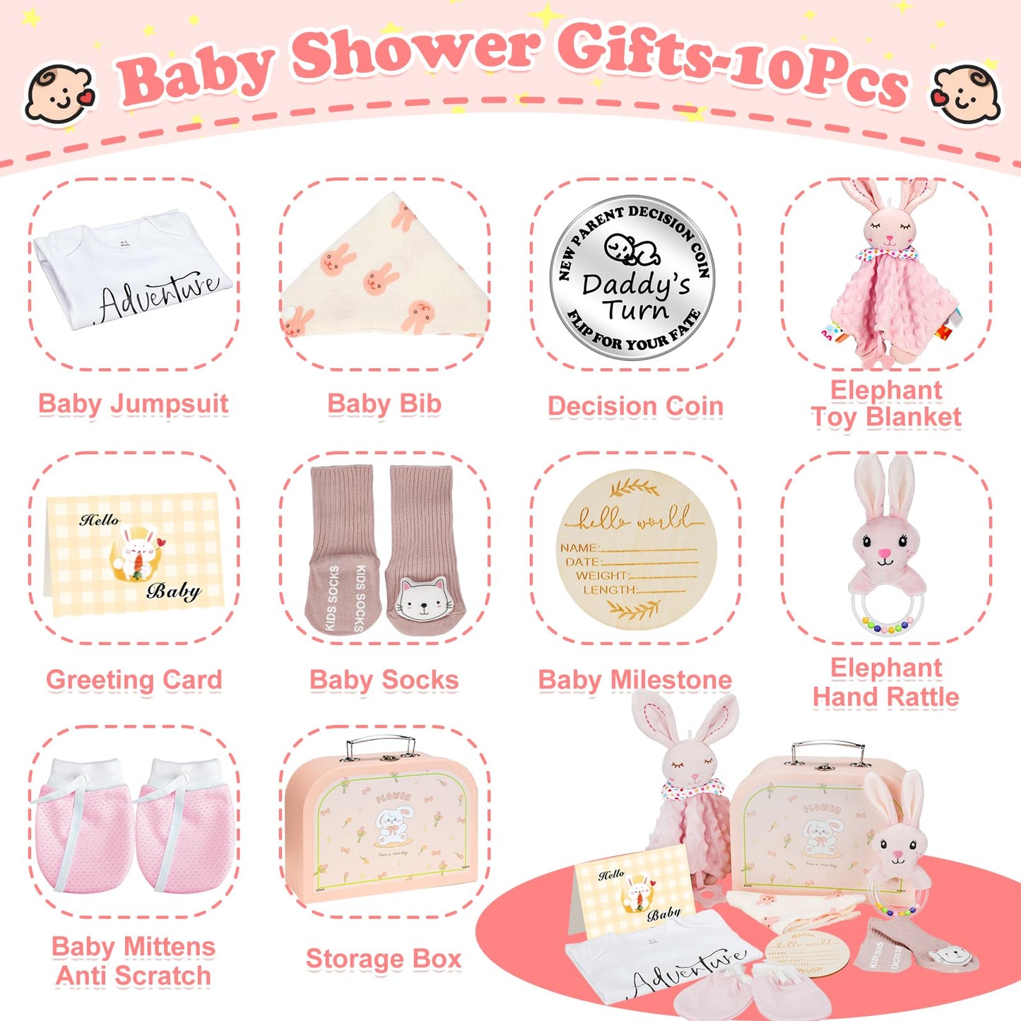 Baby Shower Gifts For Girls, 10Pcs Baby Girl Baby Shower Gifts Set, Premium Essential Welcome Baby Girl Gifts Basket Set, Baby G