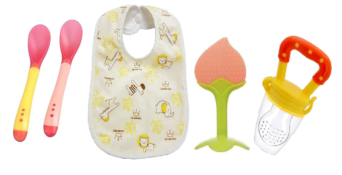 Manan Shopee Baby Needs Items All In One 1Baby Bib (Print May Vary) 1Feeder 2 Color Changing Temper  Sensor Spoon and 1Teeth
