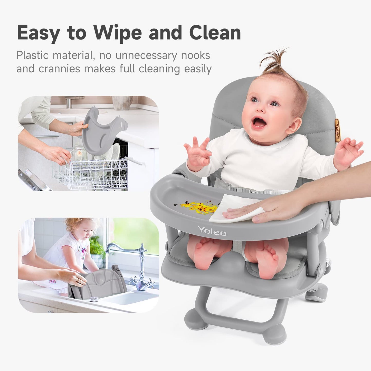 Yoleo Baby High Chair Booster Seat For Dining Table, Adjustable Height Travel High Chairs With Tray, Toddler Foldable Booster Se