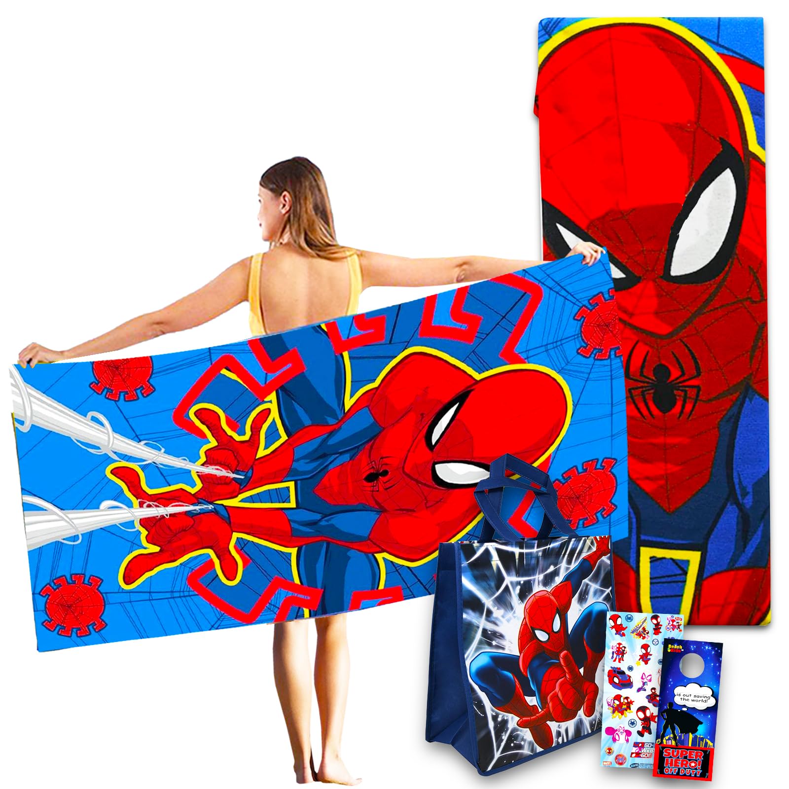 Marvel Spiderman Towel Set For Kids - Bundle With 27X54 Spiderman Microfiber Towel, Tote Bag, Stickers And More (Spiderman Pool