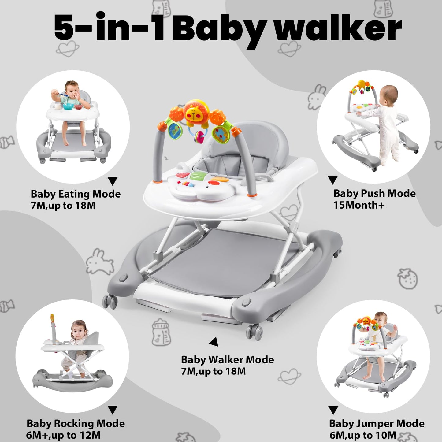 Boyro Baby Baby Walker, 5-In-1 Baby Walkers For Boys And Girls 6-12 Months With Bouncer, Removable Footrest, Feeding Tray & Musi