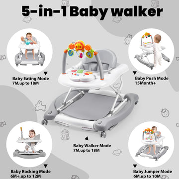 Boyro Baby Baby Walker, 5-In-1 Baby Walkers For Boys And Girls 6-12 Months With Bouncer, Removable Footrest, Feeding Tray & Musi