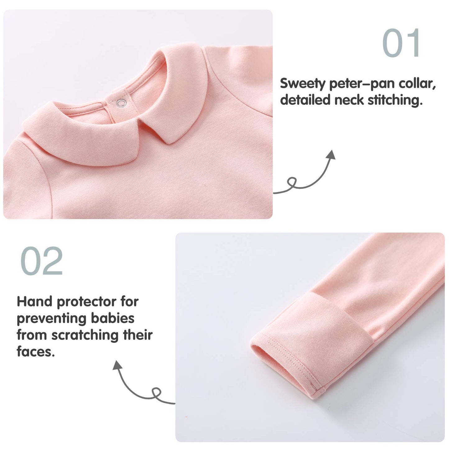pureborn 2-Pack Baby Girls Bodysuit Long Sleeve Peter-pan Collar Romper Soft Cotton One-Piece 3-6 Months