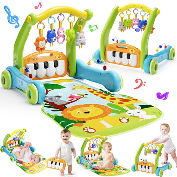 Baby Gym Play Mat With Walker, 2 In 1 Kick And Play Piano Activity Center With Light & Music, Tummy Time Mat & Baby Push Toys Fo
