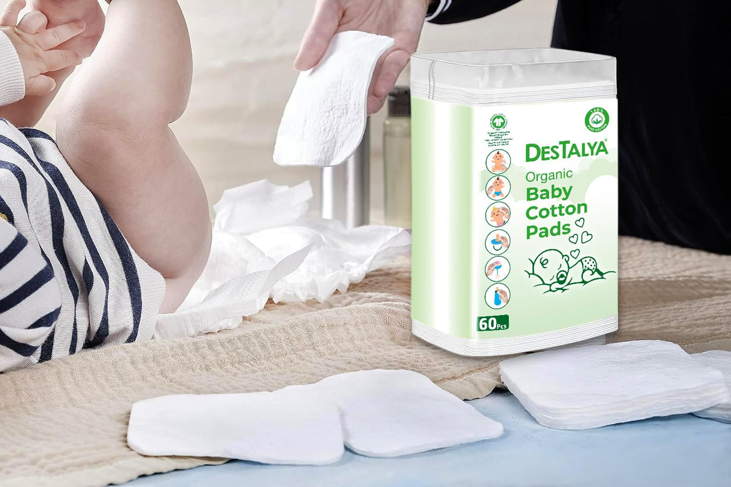 Destalya Baby Cotton Pads For Diaper Change | Large Cotton Squares For Sensitive Skin | Disposable Cleansing Wipes | Soft Washcl