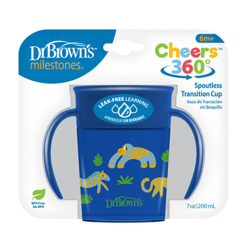 Dr. Browns Milestones Cheers 360 Cup Spoutless Transition Cup With Handles For Easy Grip And Leak-Free Learning, Blue Safari, 7
