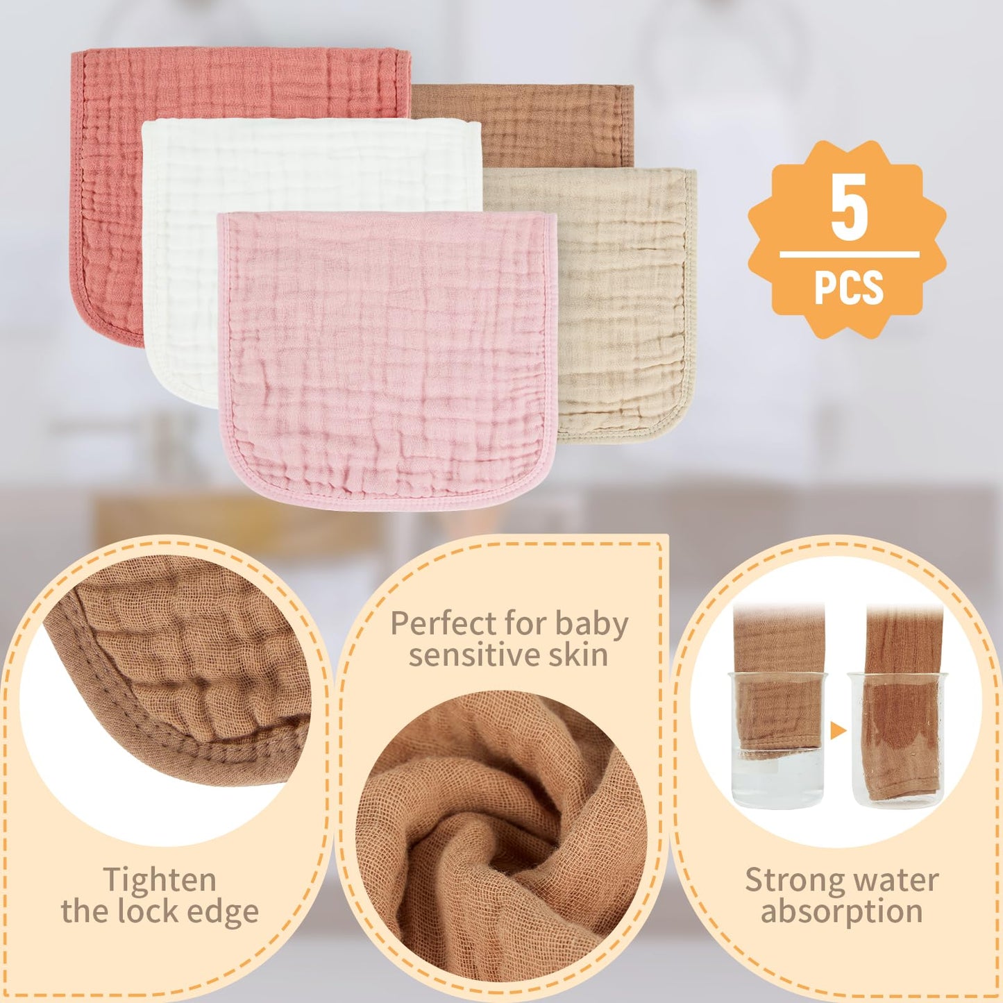 Migiol Baby Burp Cloth 100% Cotton Newborn Cotton Muslin Burp Cloth 10X20 Inches (Pink & Coffee 5 Pieces)
