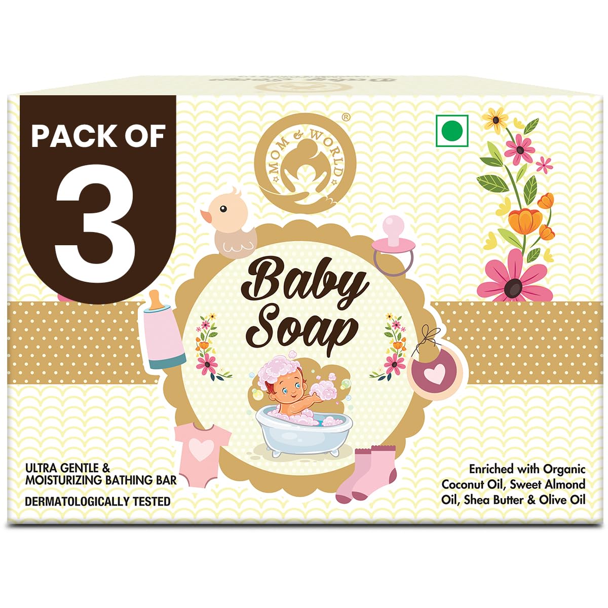 Mom & World Natural Baby Soap Enriched With Organic Coconut Oil, Sweet Almond Oil, Vitamin E, Shea And Cocoa Butter, 3 In 1  No