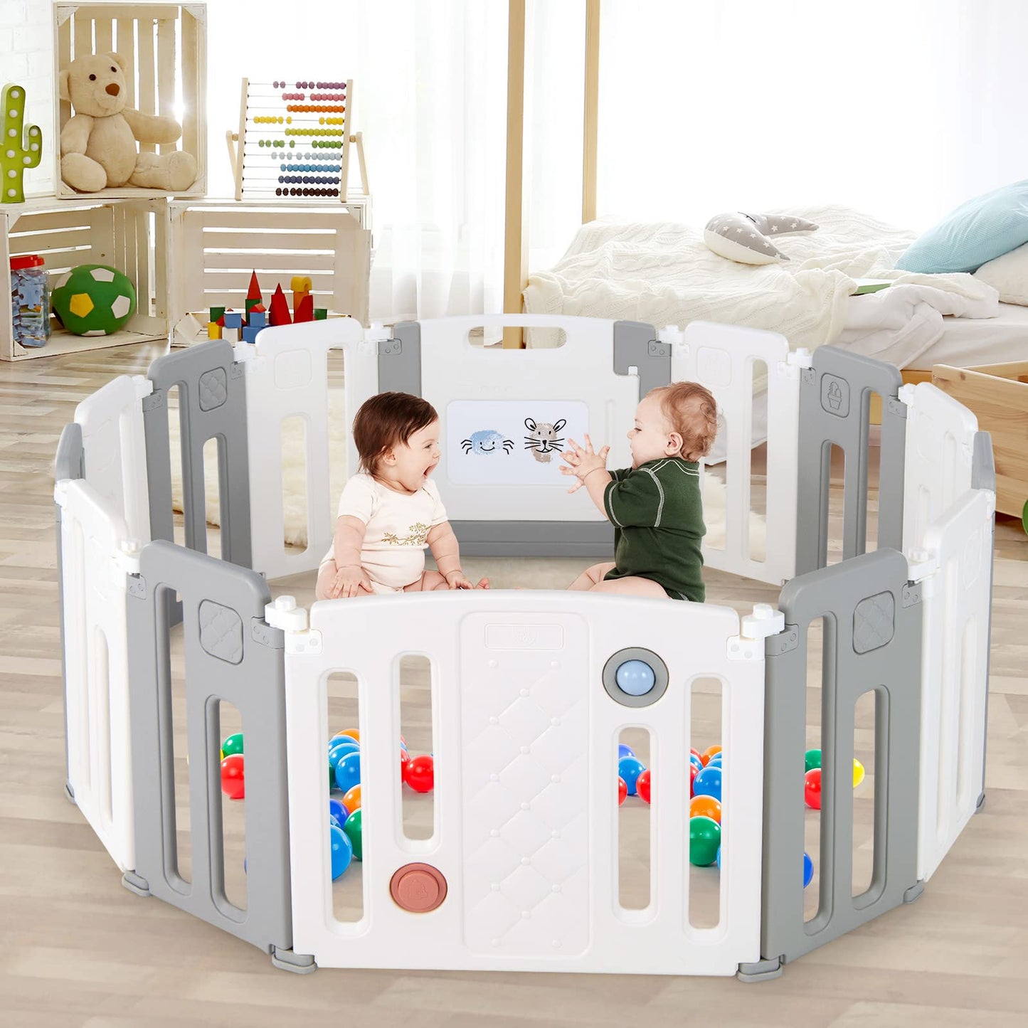 Costzon Baby Playpen, 14-Panel Extra Large Playpen For Babies And Toddlers, Foldable Activity Play Center With Safety Gate, Whit