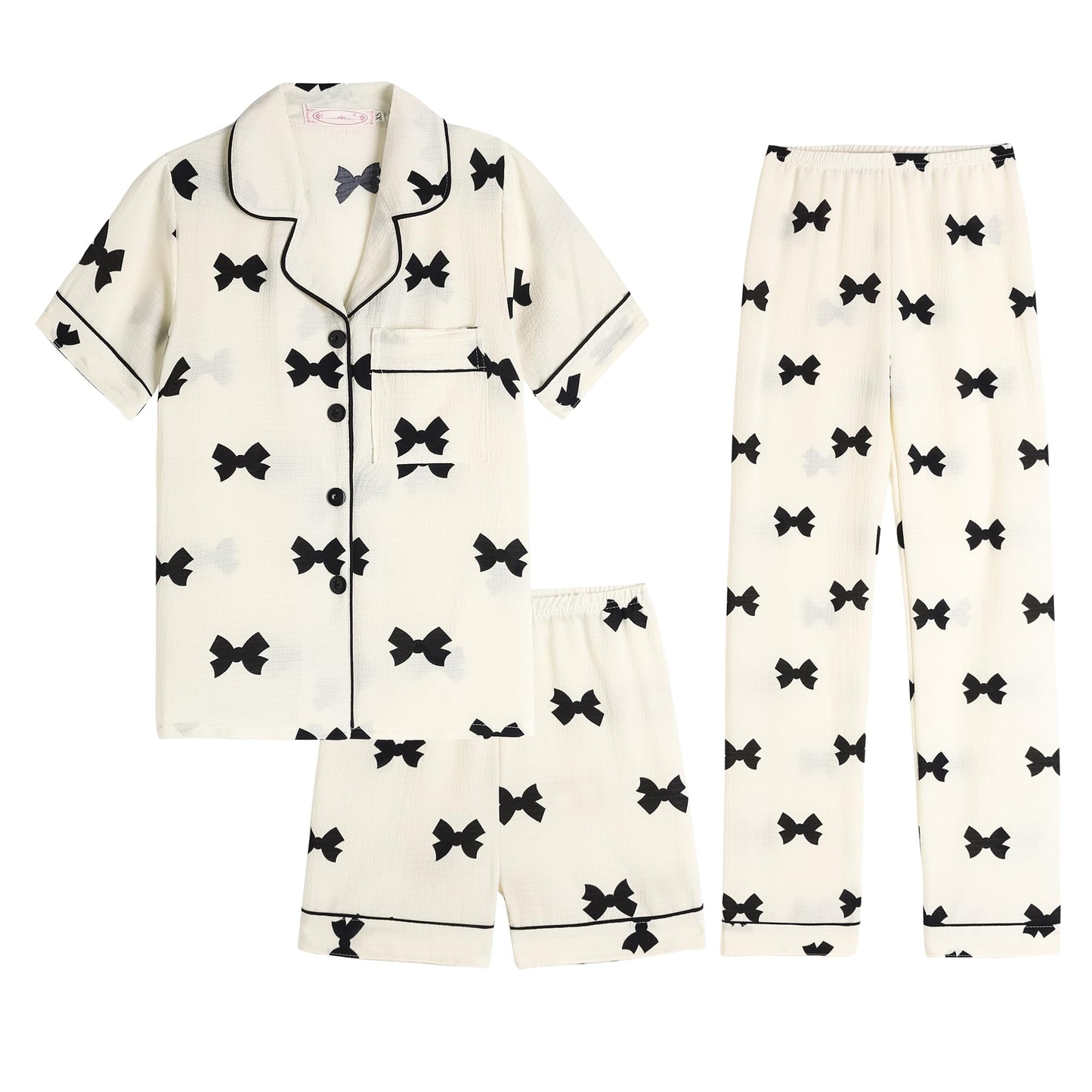 Hupohoi Big Girls Button Down Pajama Set 3pcs Short Sleeve Long Pants with Shorts Crepe Wrinkled Fabric Sleepwear Nighty, Black 