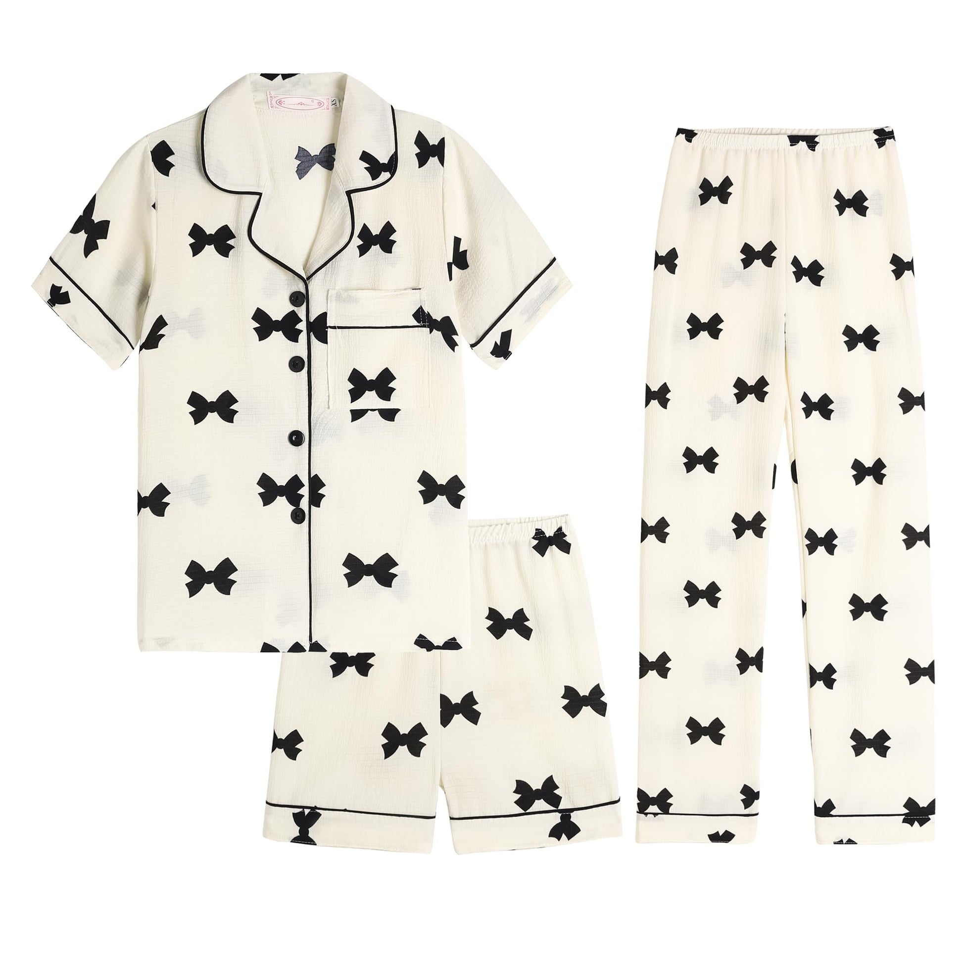 Hupohoi Big Girls Button Down Pajama Set 3pcs Short Sleeve Long Pants with Shorts Crepe Wrinkled Fabric Sleepwear Nighty, Black 