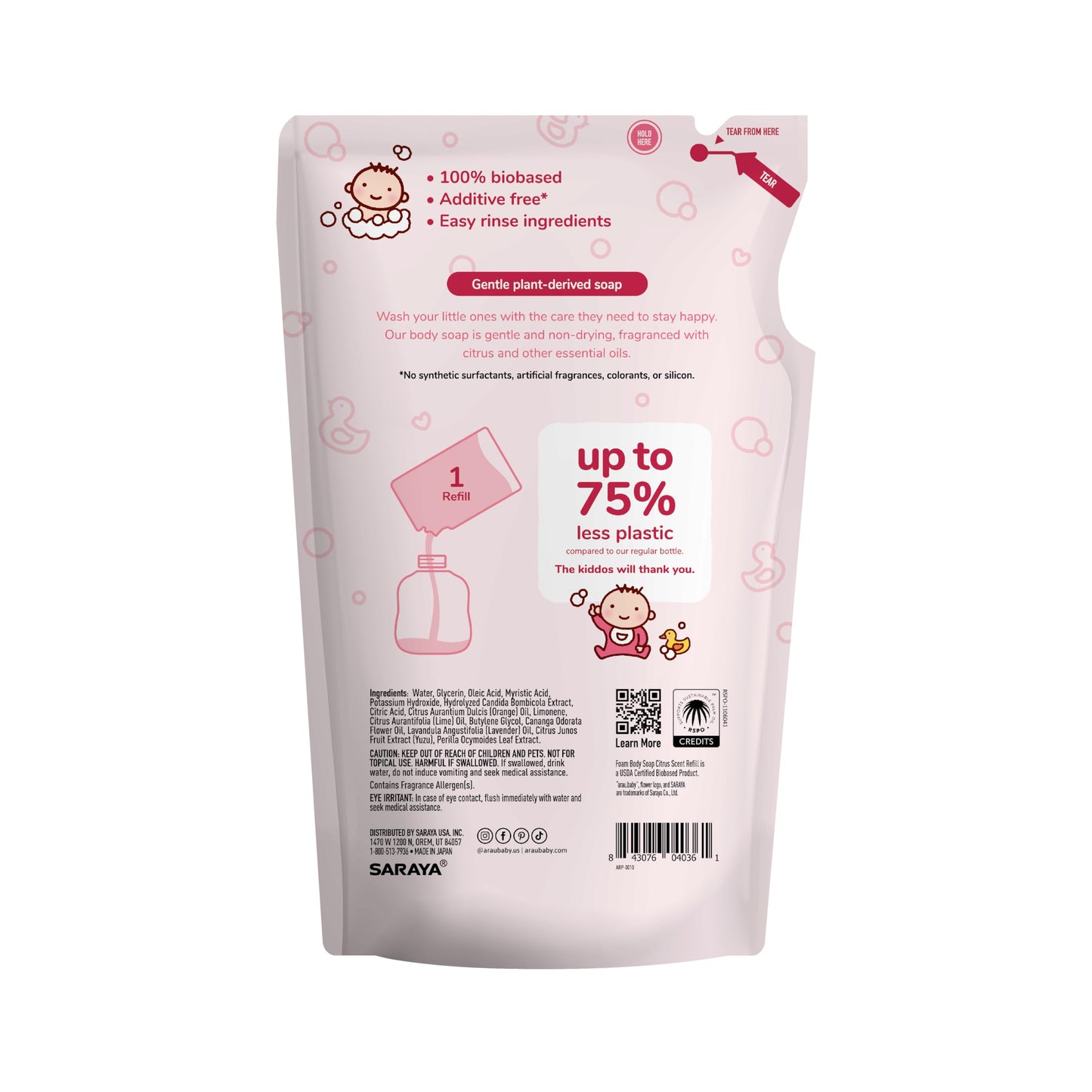 Arau Baby Foam Body Soap Citrus Scent Refill - Plant Based Gentle Cleanser for Babies, Head to Toe, Tear Free, Moisturizing, Hyp