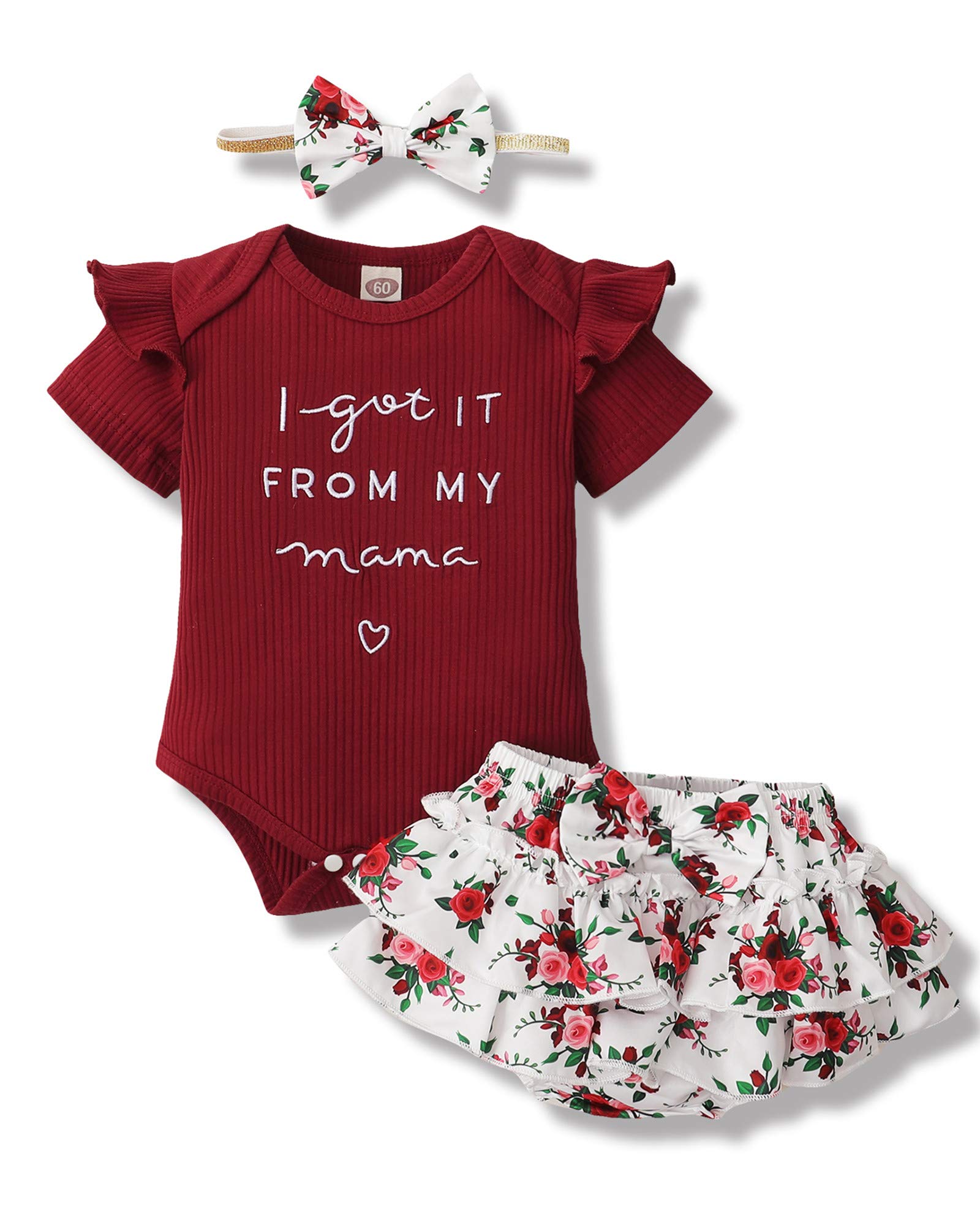 Mioglrie Newborn Baby Girl Clothes Romper Shorts Set Ruffle Infant Knitted Girls ' Clothing Daddys Little Maroon 0-3 Months