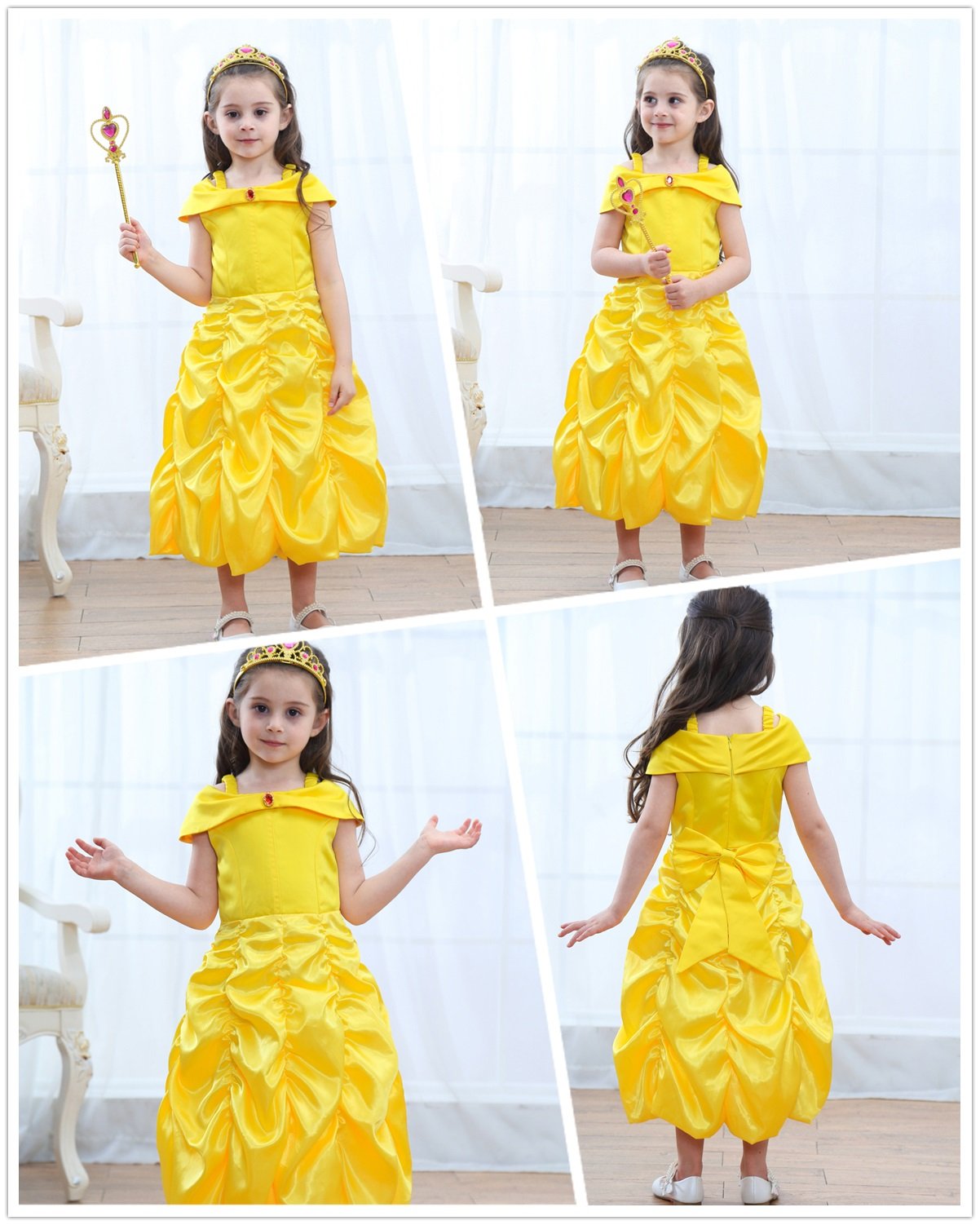 Princess Costume For Girls Birthday Party Fancy Dress Up With Accessories(Crown+Wand+Earrings+Gloves) 4-5 Years Yellow