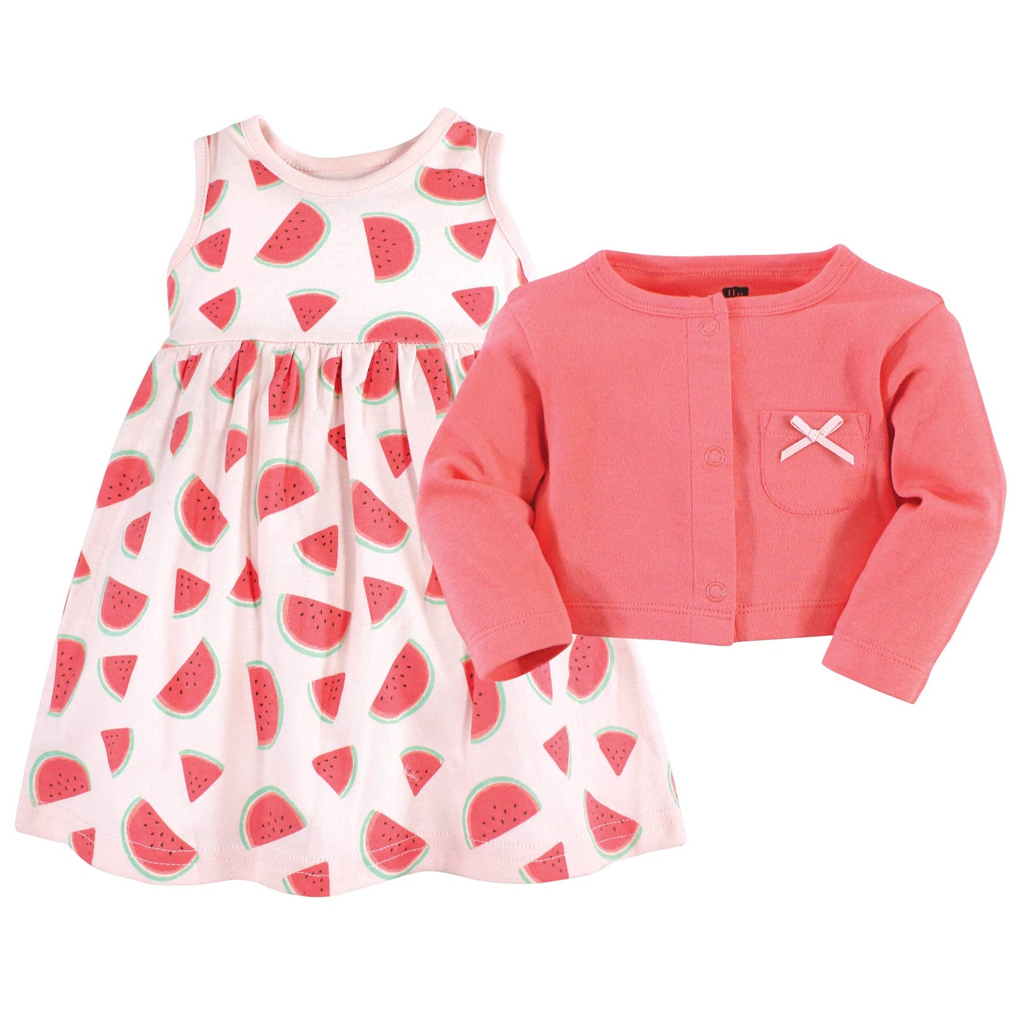 Hudson Baby Baby Girls' Cotton Dress And Cardigan Set, Coral Watermelon, 0-3 Months