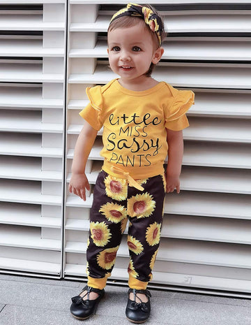 Yvowming Newborn Baby Girl Clothes Infant Baby Ruffle Romper +Pants + Headband 3 Pcs Outfits Set Little Sassy-Short Sleeve