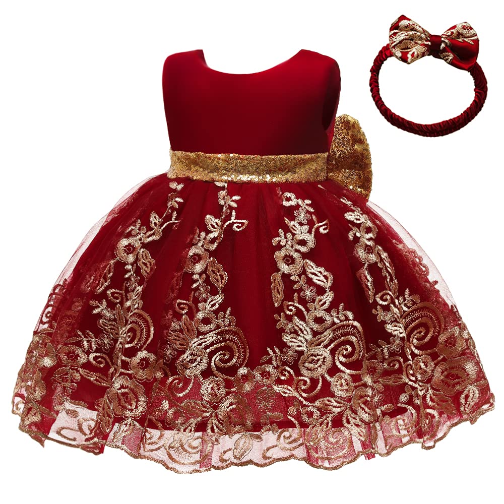 Flower Girls Dresses Wedding Baby Birthday Party Christmas Easter Pageant Event Prom Lace Dress (Burgundy,90)