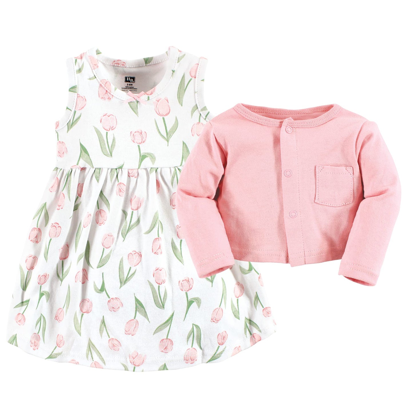 Hudson Baby Baby Girls Hudson Infant Girl Cotton And Cardigan Set, Pink Tulips, 0-3 Months Casual Dress, Pink Tulips, Months Us