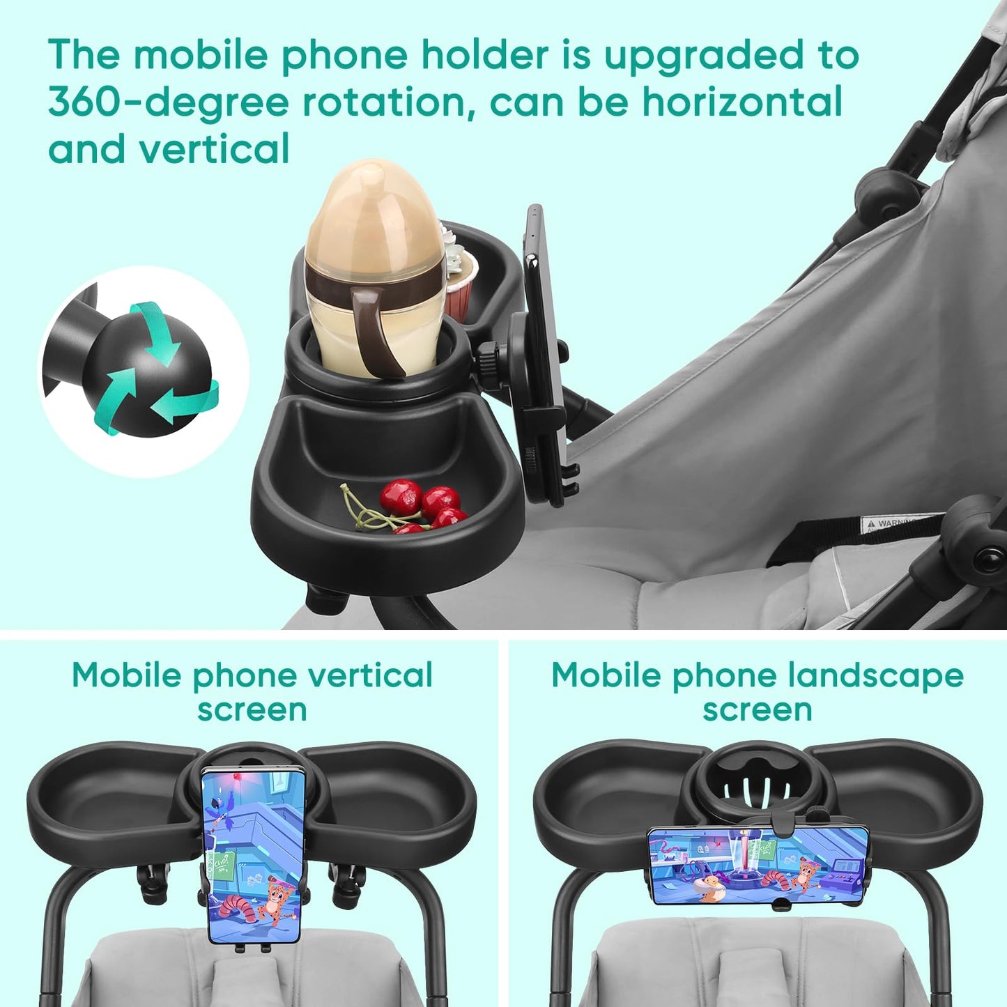 Universal Stroller Snack Tray, 4 In 1 Stroller Tray Attachment With Cups Phone Holder For Baby Toddler Stroller, 360 Rotation Un