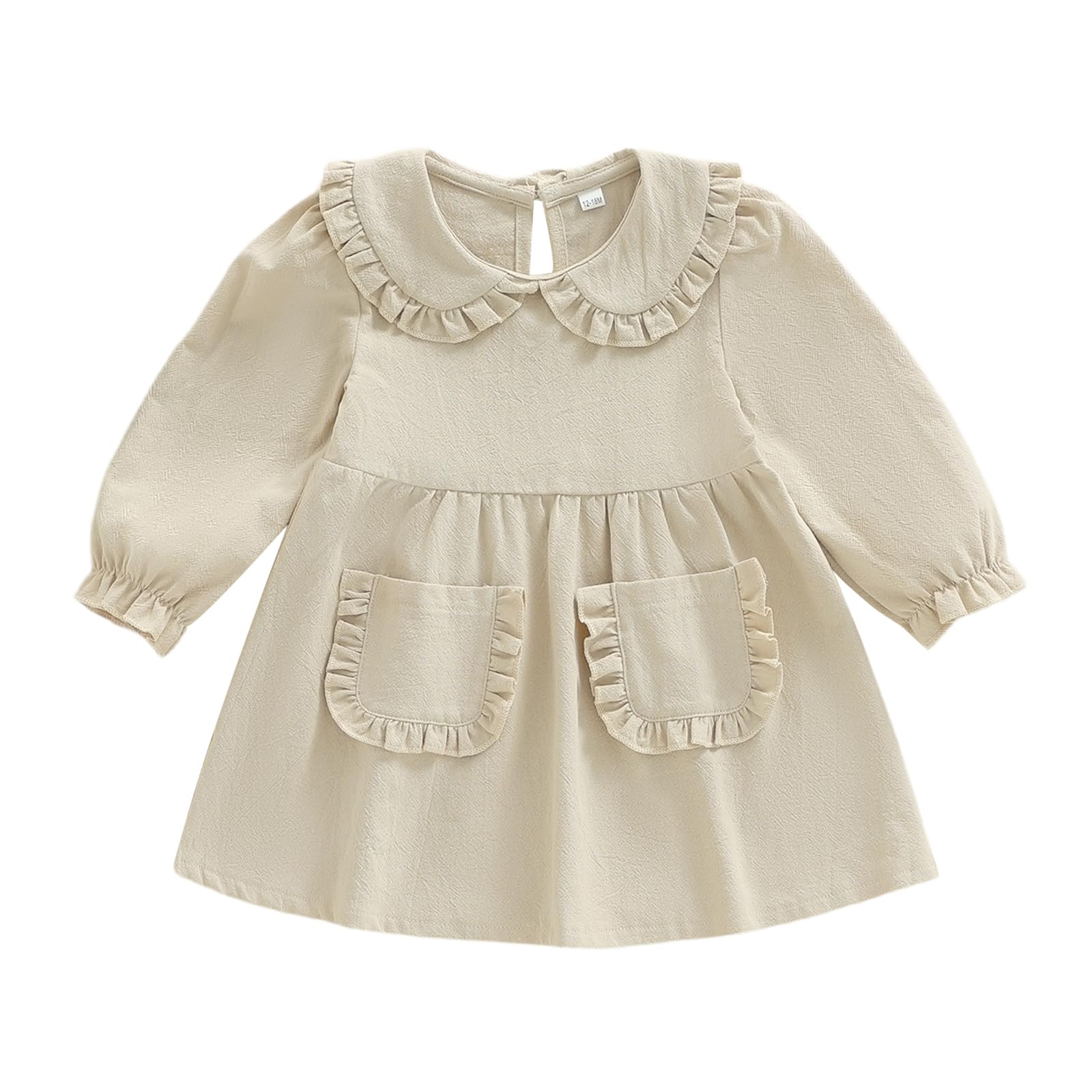 VISGOGO Toddler Baby Girl Dress Linen Long Sleeve Solid Color Girls 12 18M 2T 3T 4T 5T Dresses with Pocket for Fall Spring (Khak