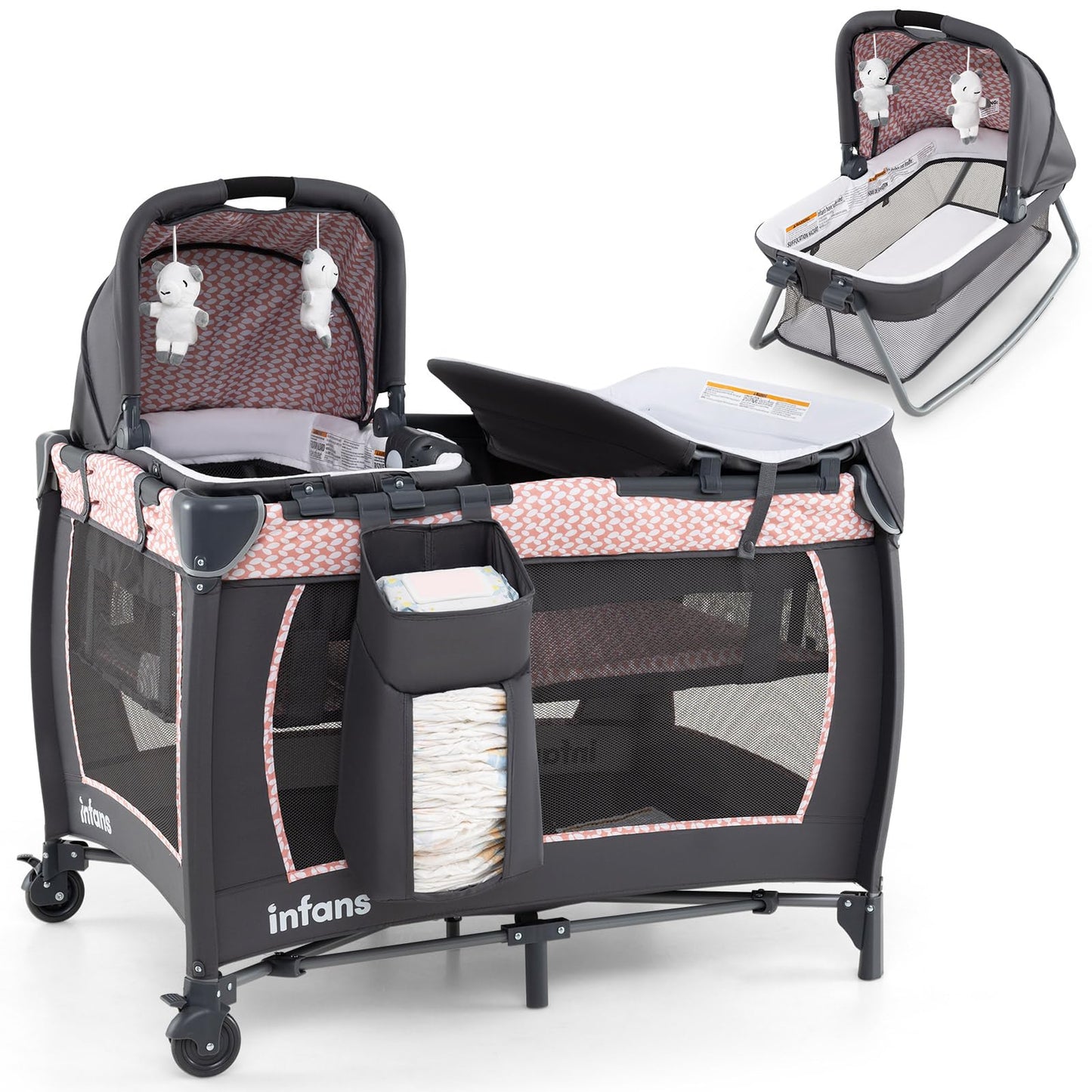 INFANS 4 in 1 Pack and Play, Portable Nursery Center for Baby Kid Infant, Travel Playard with Bassinet, Mattress, Diaper Changer