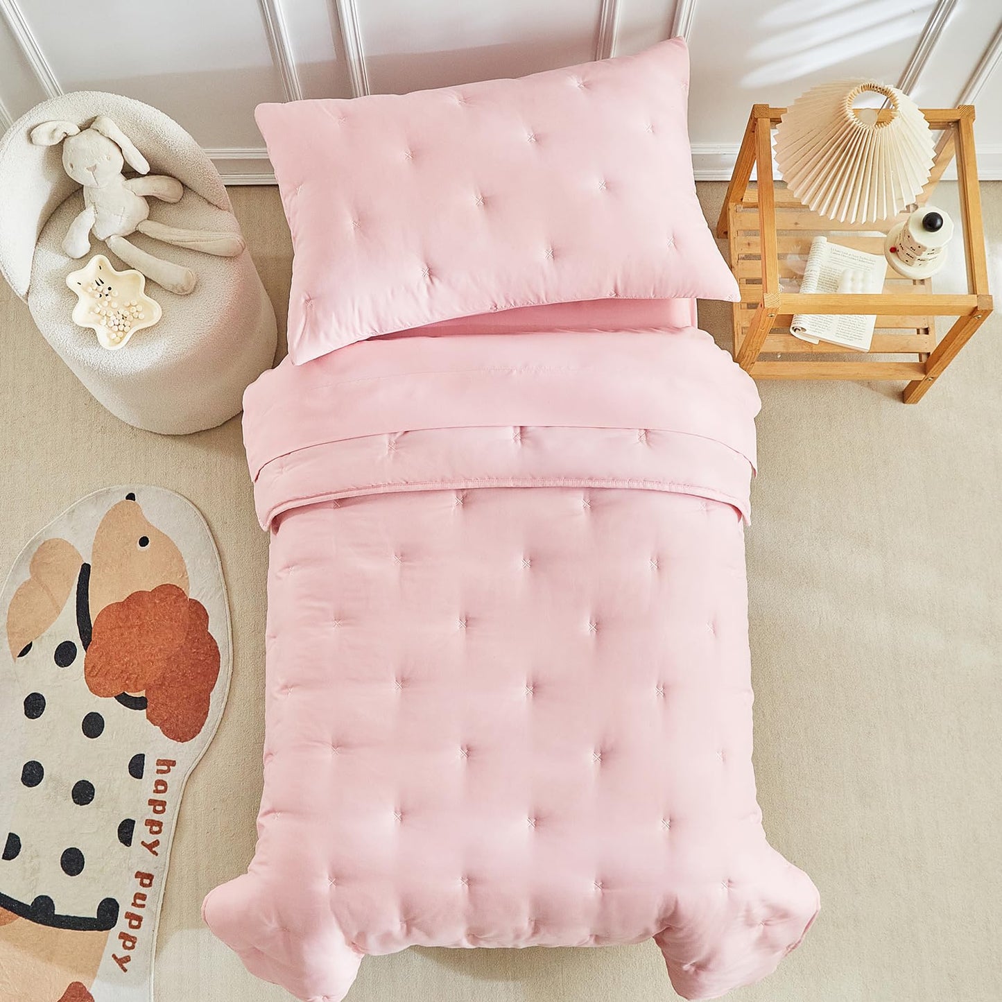 Dushow 4 Piece Toddler Bedding Set For Girls,Embroidery Crib Bed Comforter Set,Includes Toddler Bed Comforter,Fitted Sheet,Flat