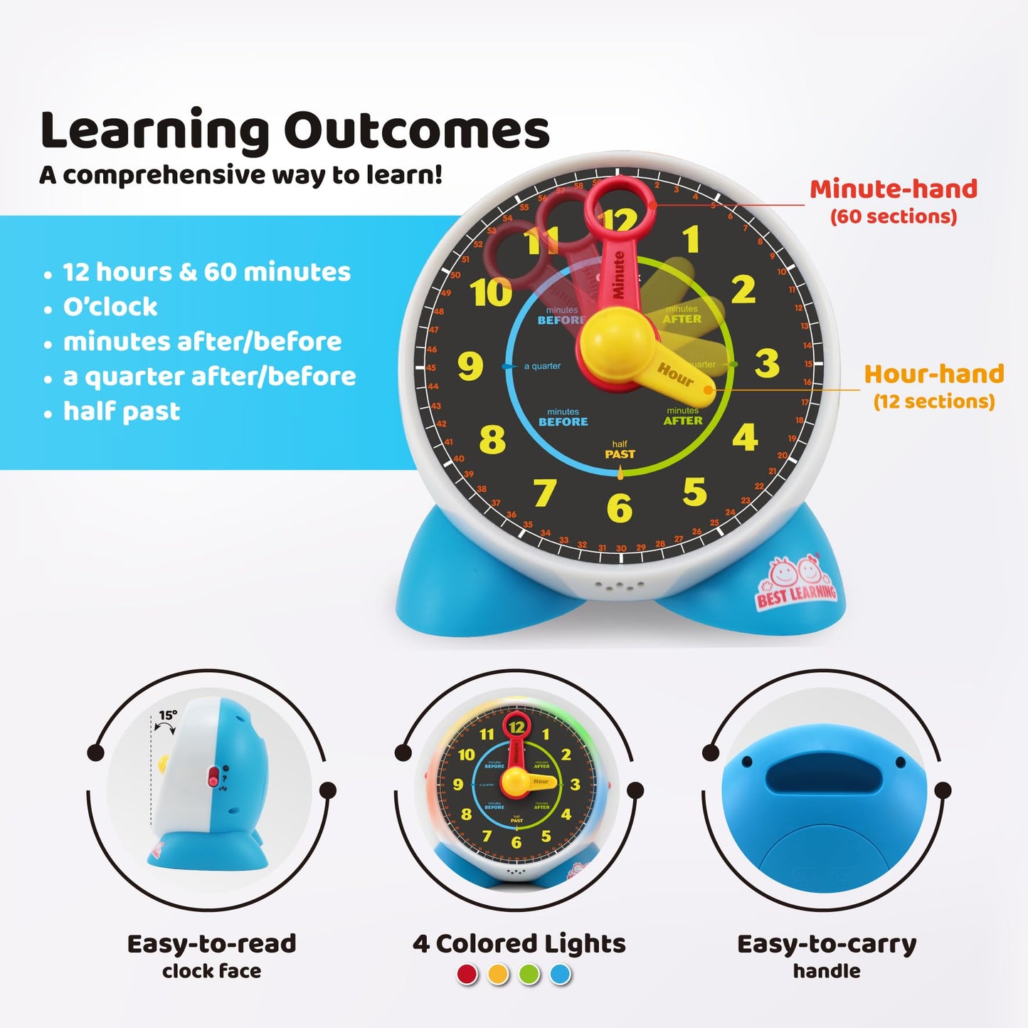 BEST LEARNING Learning Clock - Educational Talking Learn to Tell Time Teaching Light-Up Toy with Quiz and Music Sleep Mode - Tod