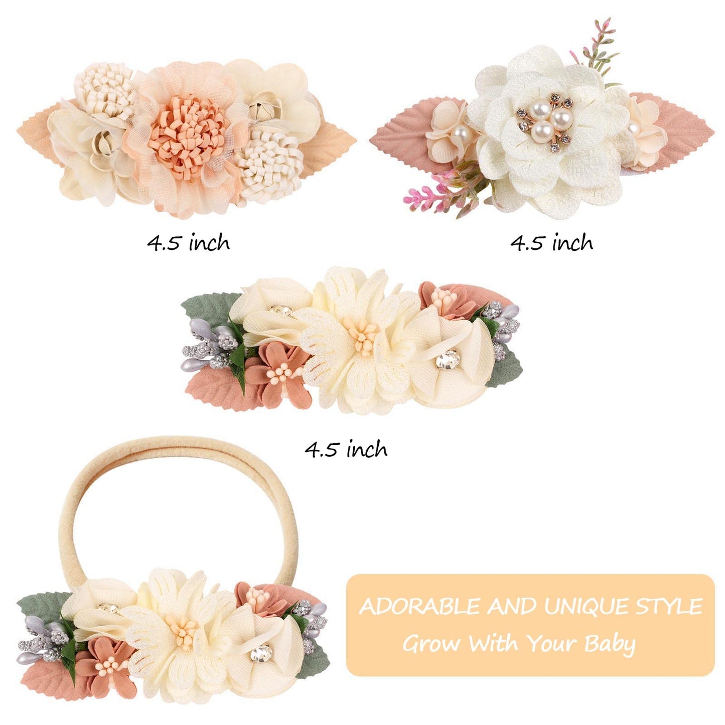 Vobobe Baby Girl Nylon Headbands Infant Flower Elastic Hair Band Bows Wraps For Newborn Toddler Hair Accessories Pack Of 3 (C-Be