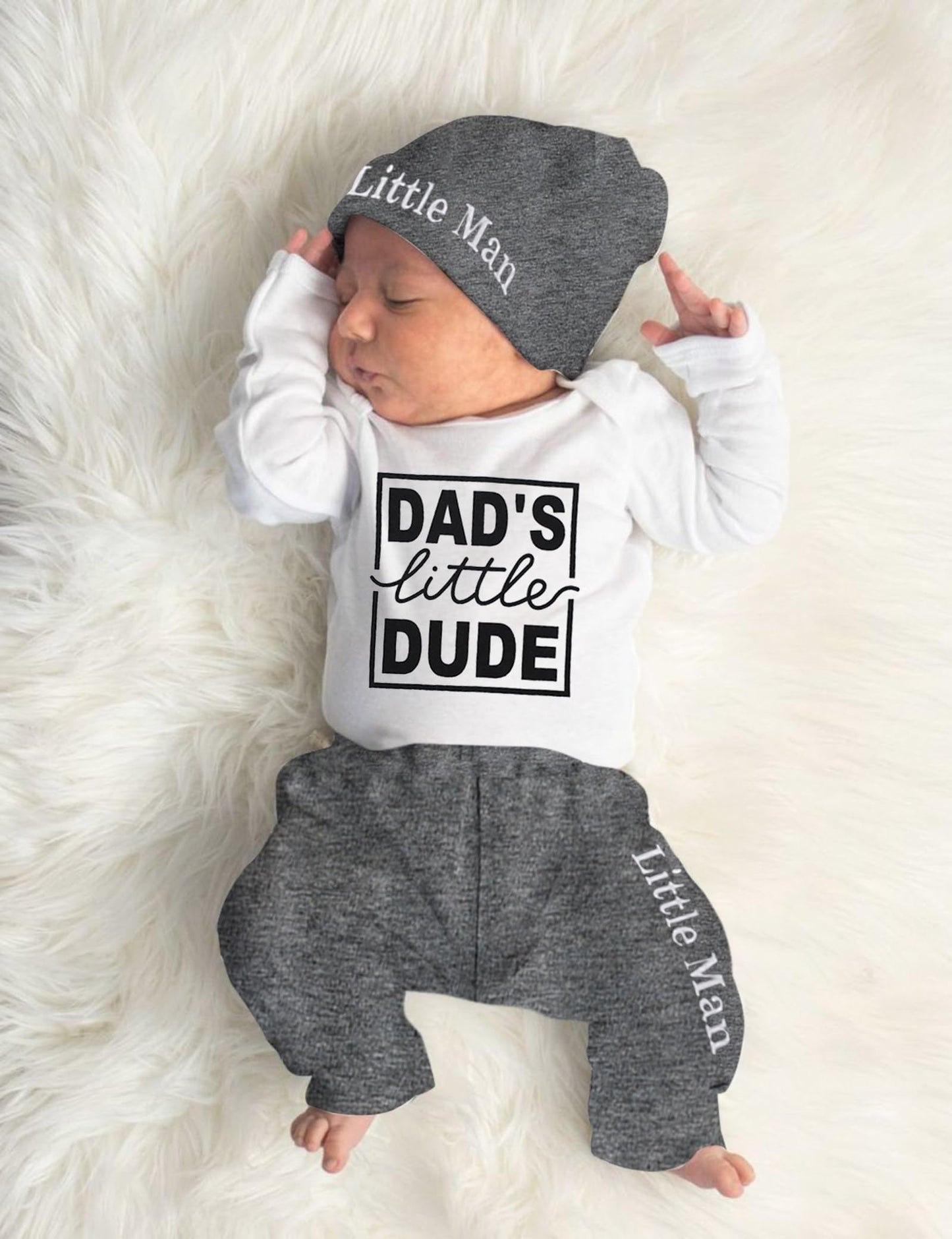 Baby Boy Clothes 3-6 Months Clothes Set Dad Little Dude Long Sleeve Romper Soft Cotton Pant Hat Infant Boy Clothes