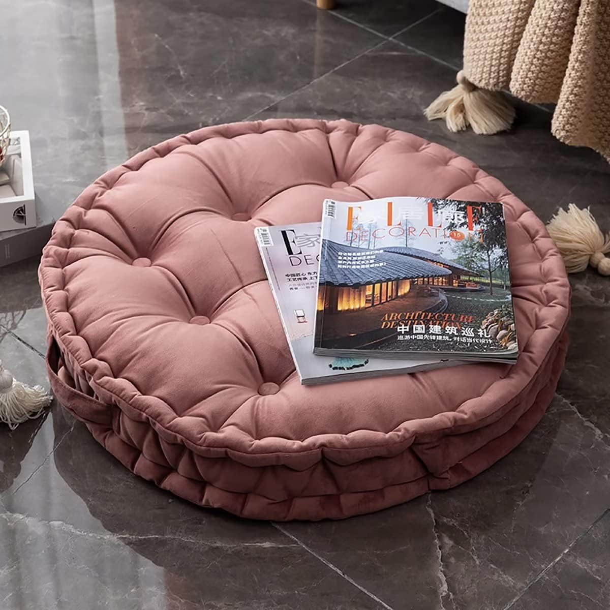 Dekor doma Tufted Meditation Velvet Floor Cushion, Round Thick Seating Cushion with Carrying Handle, Patio Meditation Pillow Tat