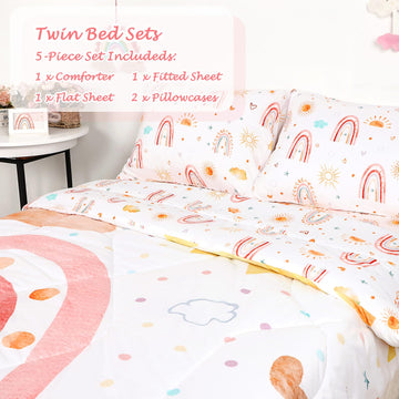Caruili Twin Size Toddler Bedding Set For Girls- 5 Piece Rainbow Toddler Girl Bedding, Super Soft & Lightweight Toddler Comforte