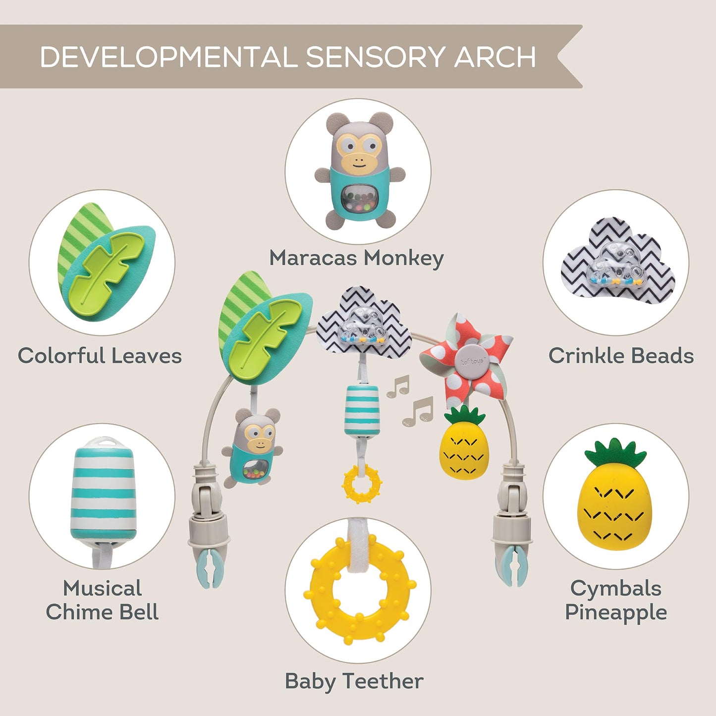 Taf Toys Tropical Orchestra Arch | Ideal for Infant & Toddlers, Fits Stroller & Pram, Activity Arch with Fascinating Toys, Stimu