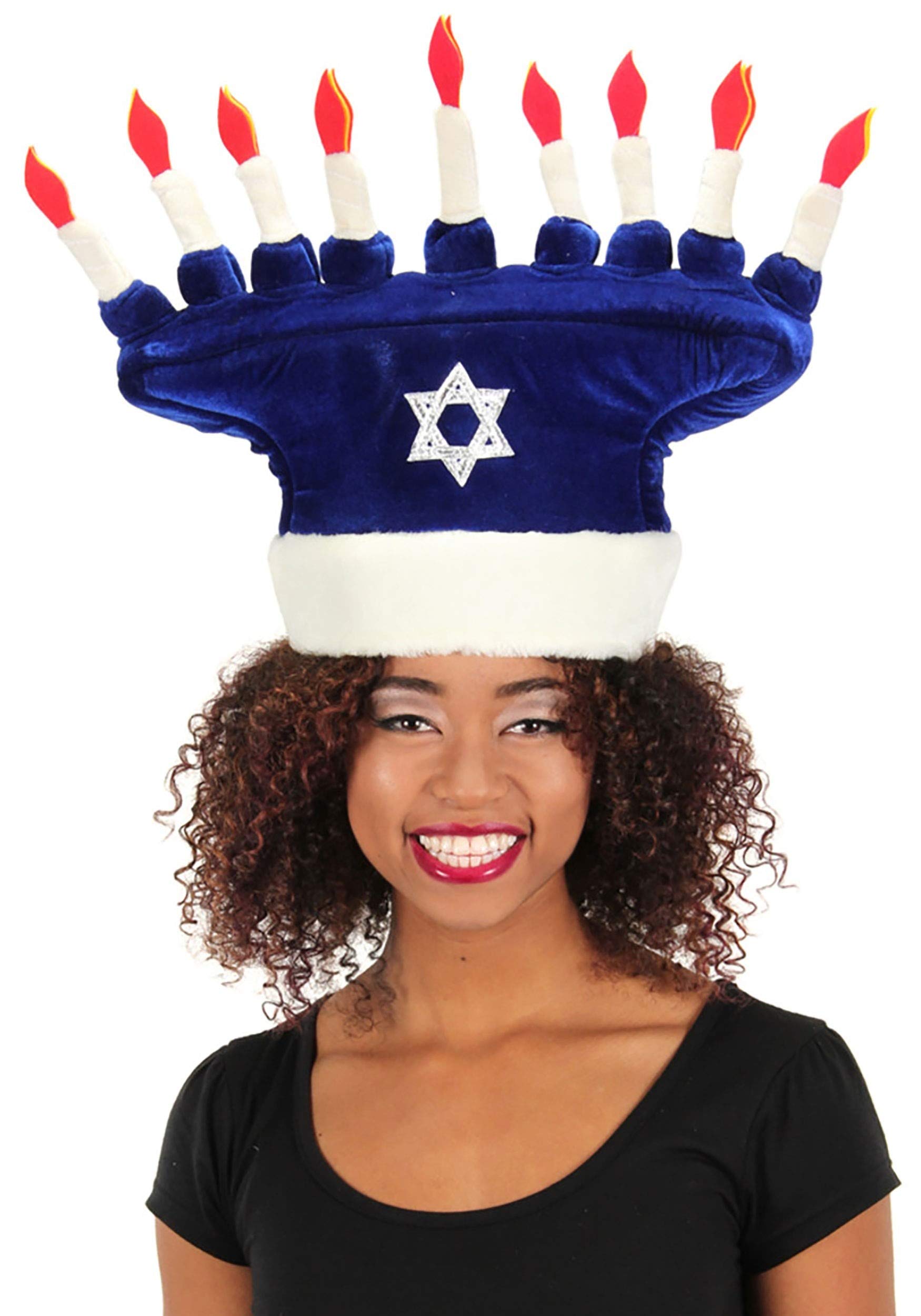 Happy Chanukah Soft Costume Hat - Velour With Soft-Sculpted Menorah And Size Adjustment Blue