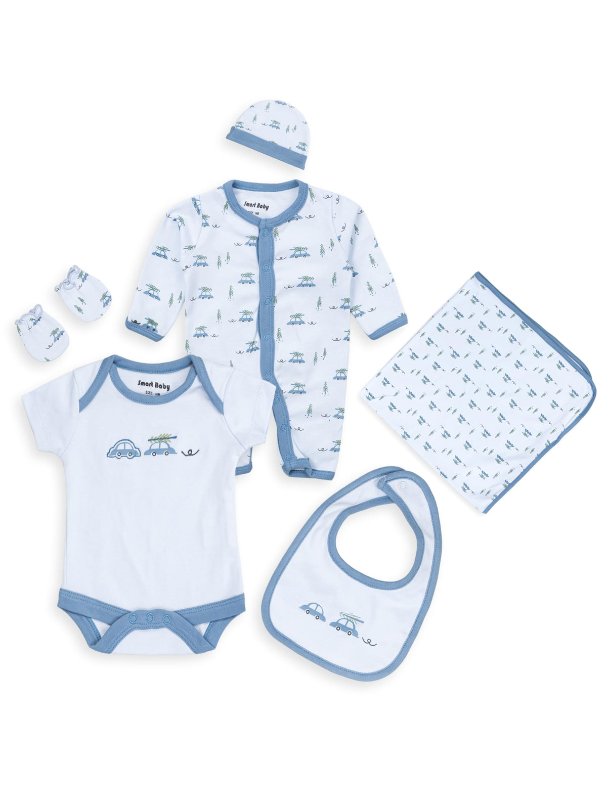 Smart Baby 6 Piece Newborn Clothes Set  100% BioWashed Interlock Fabric | Bodysuit, Sleepsuit, Bib, Blanket, Mittens & Cap | D