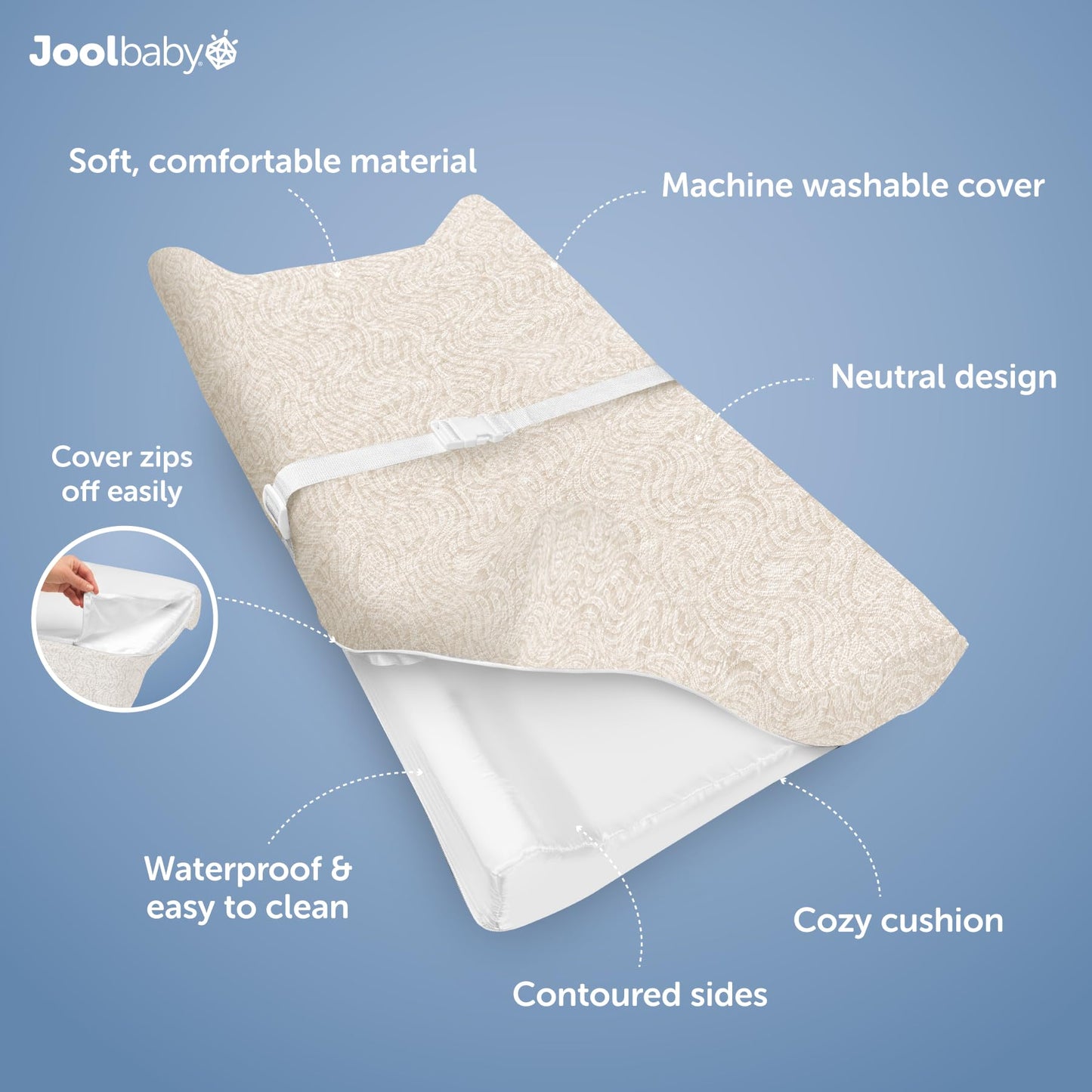 Jool Baby Changing Pad - Contoured, Waterproof & Non-Slip, Includes A Cozy, Breathable, & Washable Cover (Oatmilk/Wave)