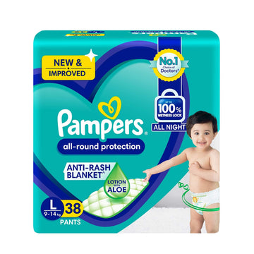 Pampers Complete Skin Comfort Pants, (L) 38 Count, AntiRash Blanket, Lotion With Vitamin E & Aloe Vera, Large Size Baby Diapers