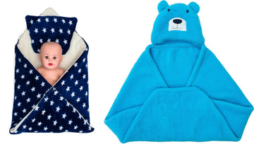 CTMKIDS Baby Wrap with Cushion Cap for Kids 74x84 cm  Navy Blue & Baby Hooded Cum Wrap Blanket for Kids 92x66 cm  Firozi