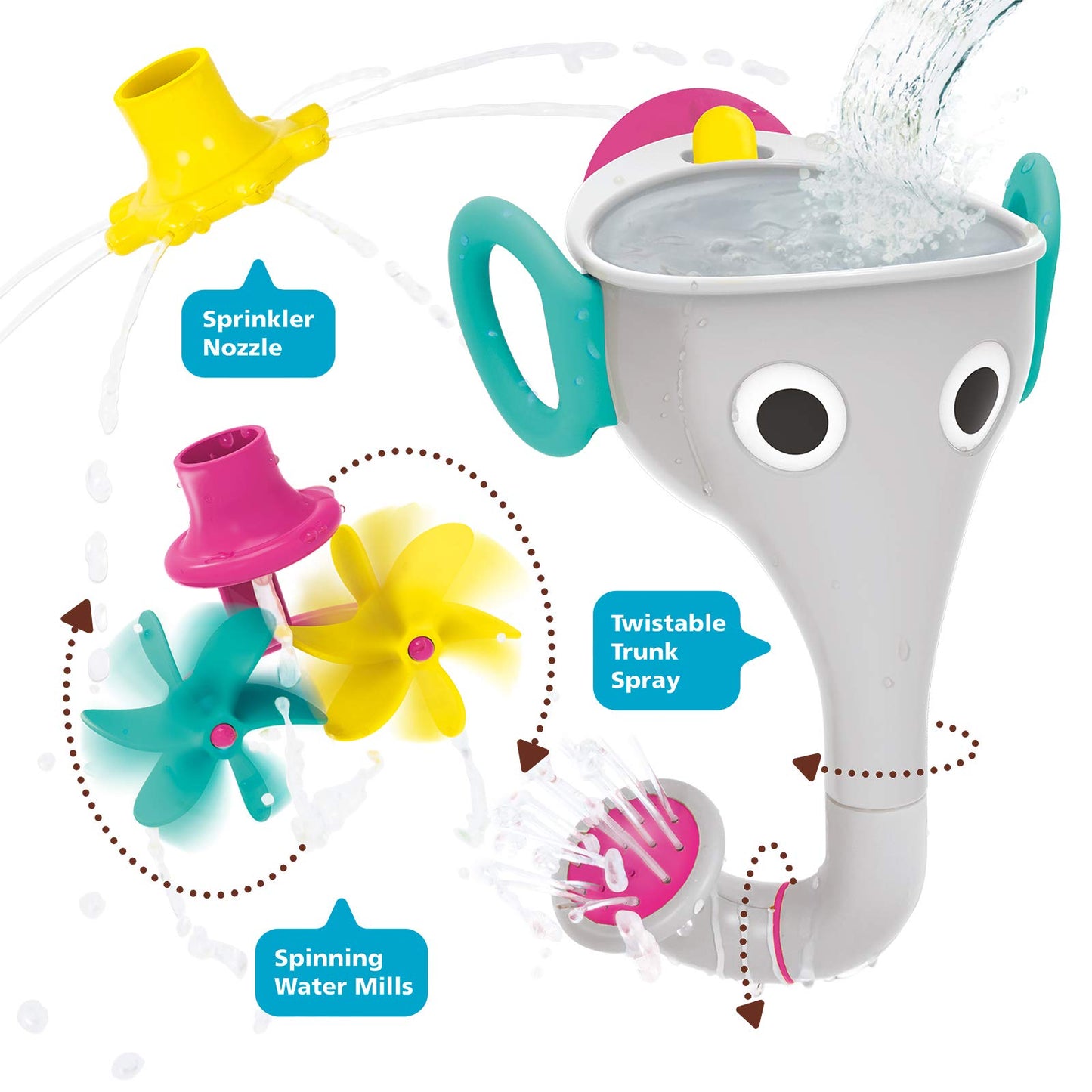 Yookidoo Elephant Trunk Funnel Baby Bath Toy - FunEleFun Fill N Sprinkle - Fun and Imaginative Play with 3 Interchangeable Trunk