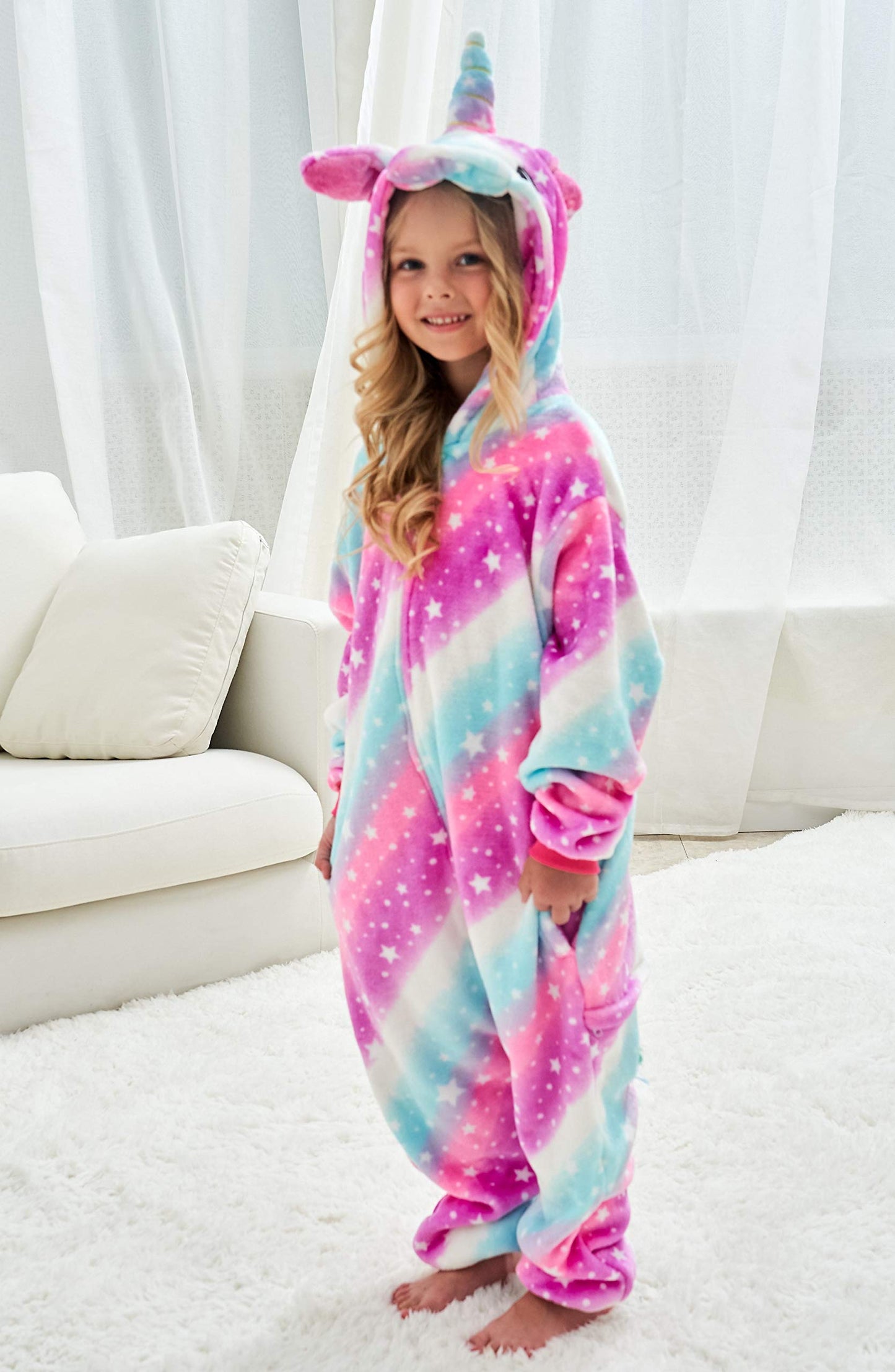 Chetosho Unicorn Hooded Onesie Girls Halloween One Piece Kids Costume (Oblique Stripe Starry Pink 7-8 Years)