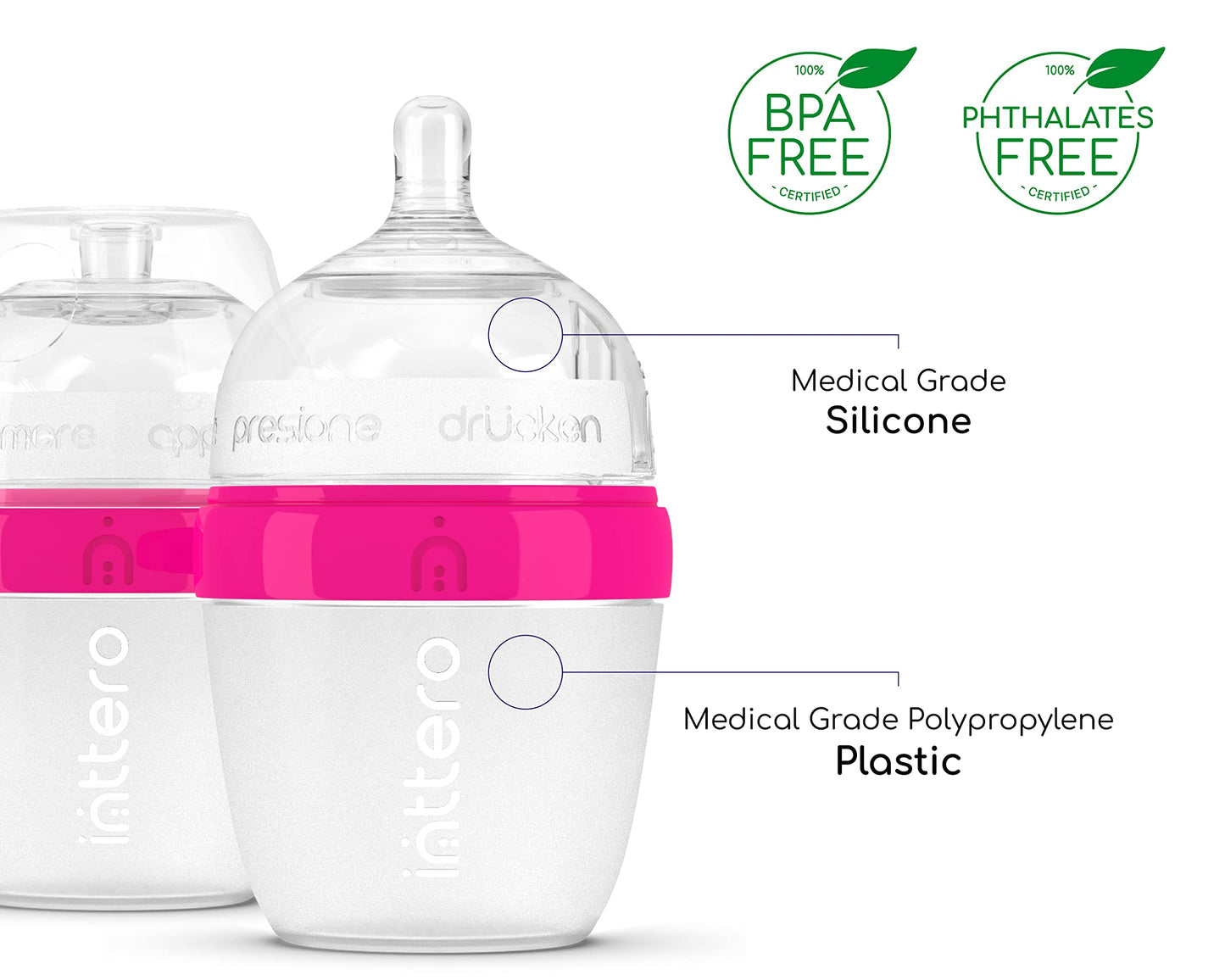 INTTERO Natural Anti-Colic Formula Dispenser Baby Bottle - Air-Free Vent - 6oz/2pk Cute Pink Slow Flow - Everyday Baby Essential